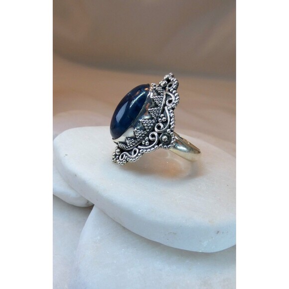 Deep Blue Natural Apatite Bali Style Sterling Silver Ring Size 8 - Picture 8 of 11